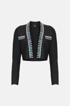 Karen Millen Embellished Cropped Bandage Knit Jacket -Karen Millen Shop black embellished cropped bandage knit jacket 2