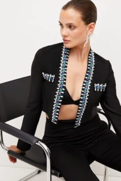 Karen Millen Embellished Cropped Bandage Knit Jacket -Karen Millen Shop black embellished cropped bandage knit jacket 3