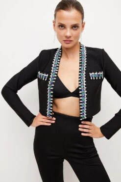 Karen Millen Embellished Cropped Bandage Knit Jacket -Karen Millen Shop black embellished cropped bandage knit jacket 4