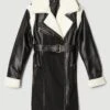 Karen Millen Leather & Contrast Shearling Biker Coat