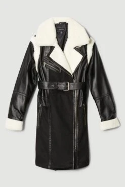Karen Millen Leather & Contrast Shearling Biker Coat