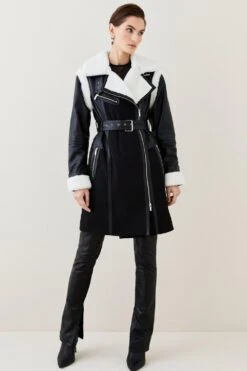 Karen Millen Leather & Contrast Shearling Biker Coat -Karen Millen Shop black leather contrast shearling biker coat 1 4