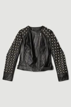 Karen Millen Leather Dome Stud & Quilted Detail Biker Jacket