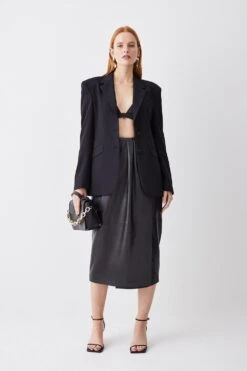 Karen Millen Leather Drape Detail Pencil Midi Skirt -Karen Millen Shop black leather drape detail pencil midi skirt 1 2