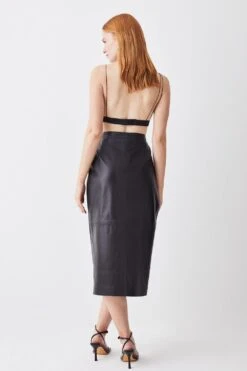 Karen Millen Leather Drape Detail Pencil Midi Skirt -Karen Millen Shop black leather drape detail pencil midi skirt 1 3