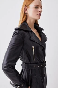 Karen Millen Leather Longline Belted Maxi Trench