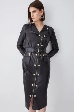 Karen Millen Leather Military Belted Pencil Dress -Karen Millen Shop black leather military belted pencil dress 1 2