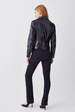 Karen Millen Leather Patent Panel Detail Biker Jacket