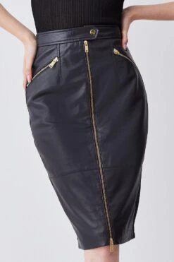 Karen Millen Leather & Ponte Zip Through Pencil Skirt -Karen Millen Shop black leather ponte zip through pencil skirt 1 2