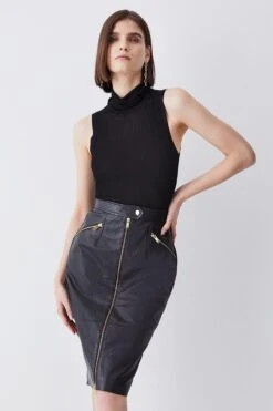 Karen Millen Leather & Ponte Zip Through Pencil Skirt -Karen Millen Shop black leather ponte zip through pencil skirt 1 4