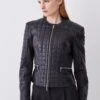 Karen Millen Leather Quilted Panelled Collarless Jacket -Karen Millen Shop black leather quilted panelled collarless jacket