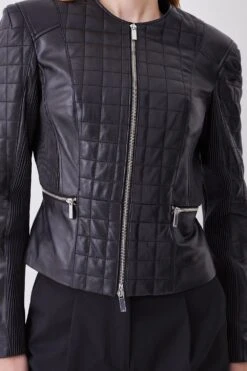 Karen Millen Leather Quilted Panelled Collarless Jacket -Karen Millen Shop black leather quilted panelled collarless jacket 1 2