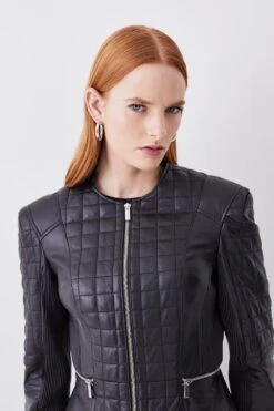 Karen Millen Leather Quilted Panelled Collarless Jacket -Karen Millen Shop black leather quilted panelled collarless jacket 1 3