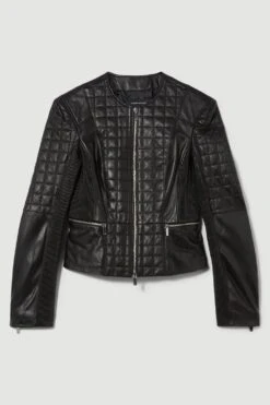 Karen Millen Leather Quilted Panelled Collarless Jacket -Karen Millen Shop black leather quilted panelled collarless jacket 1 4