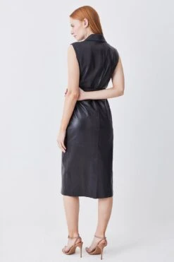 Karen Millen Lydia Millen Tall Leather Strong Shoulder Belted Midi Dress -Karen Millen Shop black lydia millen tall leather strong shoulder belted midi dress 2