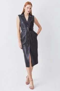 Karen Millen Lydia Millen Tall Leather Strong Shoulder Belted Midi Dress