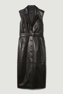 Karen Millen Lydia Millen Tall Leather Strong Shoulder Belted Midi Dress -Karen Millen Shop black lydia millen tall leather strong shoulder belted midi dress 3