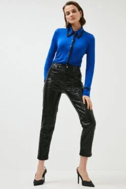 Karen Millen Mid Rise Straight Leg Croc Coated Jeans -Karen Millen Shop black mid rise straight leg croc coated jeans 2