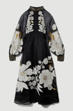 Karen Millen Petite Organdie Applique Buttoned Woven Midi Dress -Karen Millen Shop black petite organdie applique buttoned woven midi dress 2