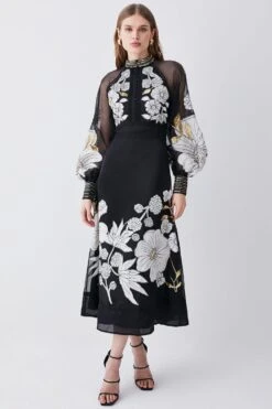 Karen Millen Petite Organdie Applique Buttoned Woven Midi Dress -Karen Millen Shop black petite organdie applique buttoned woven midi dress 3
