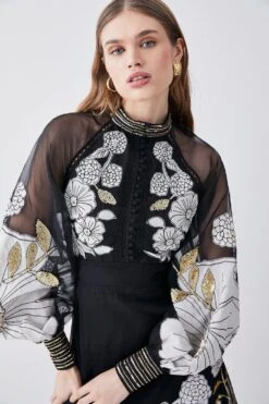 Karen Millen Petite Organdie Applique Buttoned Woven Midi Dress -Karen Millen Shop black petite organdie applique buttoned woven midi dress 4