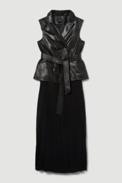 Karen Millen Petite Sleeveless Leather Wrap Pleat Skirt Midi Dress