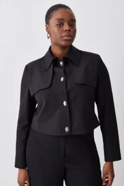 Karen Millen Plus Polished Button Detail Crop Jacket -Karen Millen Shop black plus polished button detail crop jacket 3