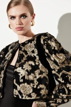 Karen Millen Sequinned Jacquard Cropped Jacket -Karen Millen Shop black sequinned jacquard cropped jacket 3