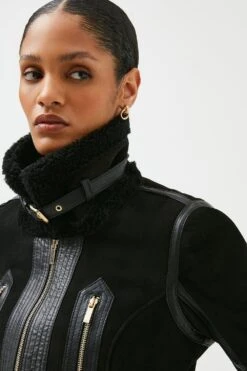 Karen Millen Short Shearling Aviator Jacket -Karen Millen Shop black short shearling aviator jacket 2