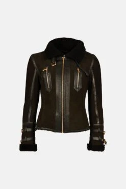 Karen Millen Short Shearling Aviator Jacket -Karen Millen Shop black short shearling aviator jacket 3