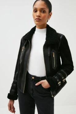Karen Millen Short Shearling Aviator Jacket -Karen Millen Shop black short shearling aviator jacket 4