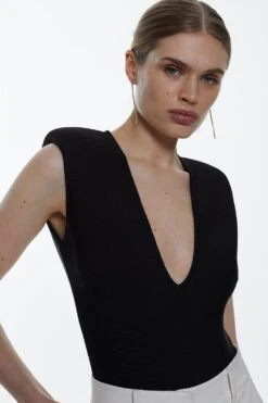 Karen Millen Tall Bandage V Neck Thong Bodysuit -Karen Millen Shop black tall bandage v neck thong bodysuit 1