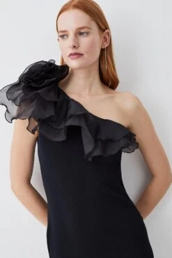 Karen Millen Tall One Shoulder Organza Flower Detail Knit Midi Dress -Karen Millen Shop black tall one shoulder organza flower detail knit midi dress 2