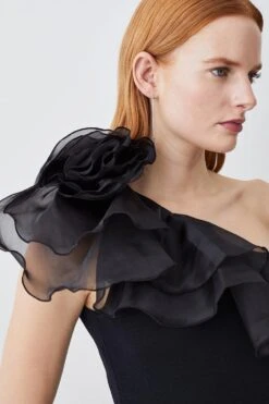 Karen Millen Tall One Shoulder Organza Flower Detail Knit Midi Dress -Karen Millen Shop black tall one shoulder organza flower detail knit midi dress 3