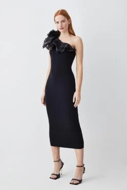 Karen Millen Tall One Shoulder Organza Flower Detail Knit Midi Dress -Karen Millen Shop black tall one shoulder organza flower detail knit midi dress 4