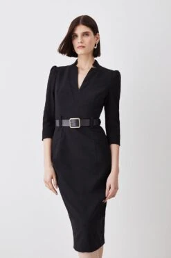 Karen Millen Tall Structured Crepe Belted Forever Midi Dress -Karen Millen Shop black tall structured crepe belted forever midi dress 5