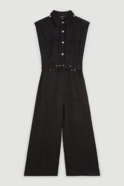 Karen Millen Tall Topstitch Belted Linen Viscose Jumpsuit