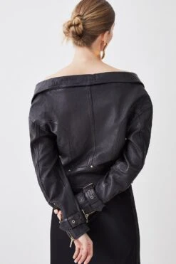 Karen Millen Washed Leather Off The Shoulder Biker Jacket