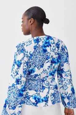 Karen Millen Plus Size Baroque Tile Wrap Top -Karen Millen Shop blue plus size baroque tile wrap top 4