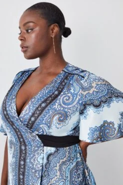 Karen Millen Plus Size Scarf Printed Hammered Satin Woven Wrap Midi Dress -Karen Millen Shop blue plus size scarf printed hammered satin woven wrap midi dress 1