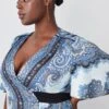 Karen Millen Plus Size Scarf Printed Hammered Satin Woven Wrap Midi Dress -Karen Millen Shop blue plus size scarf printed hammered satin woven wrap midi dress