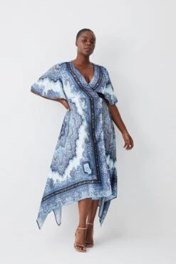 Karen Millen Plus Size Scarf Printed Hammered Satin Woven Wrap Midi Dress -Karen Millen Shop blue plus size scarf printed hammered satin woven wrap midi dress 2