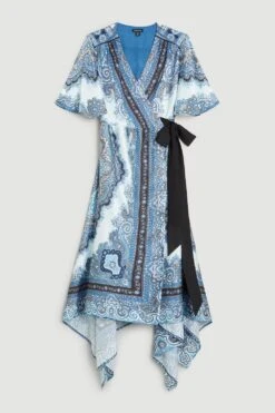 Karen Millen Plus Size Scarf Printed Hammered Satin Woven Wrap Midi Dress -Karen Millen Shop blue plus size scarf printed hammered satin woven wrap midi dress 3
