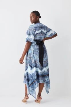 Karen Millen Plus Size Scarf Printed Hammered Satin Woven Wrap Midi Dress -Karen Millen Shop blue plus size scarf printed hammered satin woven wrap midi dress 4