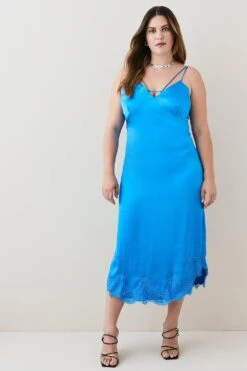 Front Page 11 Front Page -Karen Millen Shop blue plus size textured satin lace hem midi slip dress 1