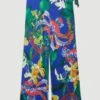Karen Millen Tall Printed Wide Leg Waist Tie Jersey Trousers -Karen Millen Shop blue tall printed wide leg waist tie jersey trousers