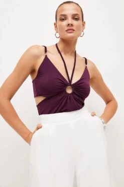 Karen Millen Petite Strap Detail Jersey Crepe Top -Karen Millen Shop burgundy petite strap detail jersey crepe top 1