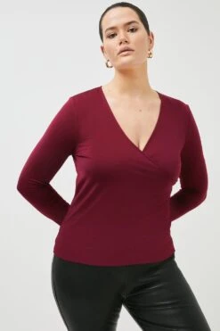 Karen Millen Plus Size Long Sleeve Jersey Wrap Top -Karen Millen Shop burgundy plus size long sleeve jersey wrap top 1