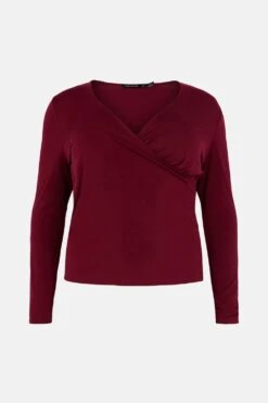 Karen Millen Plus Size Long Sleeve Jersey Wrap Top -Karen Millen Shop burgundy plus size long sleeve jersey wrap top 2