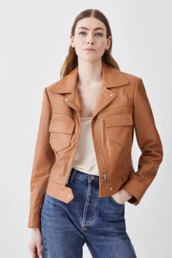 Karen Millen Leather Pocket Detail Belted Biker Jacket 11 Karen Millen Leather Pocket Detail Belted Biker Jacket -Karen Millen Shop camel leather pocket detail belted biker jacket 4